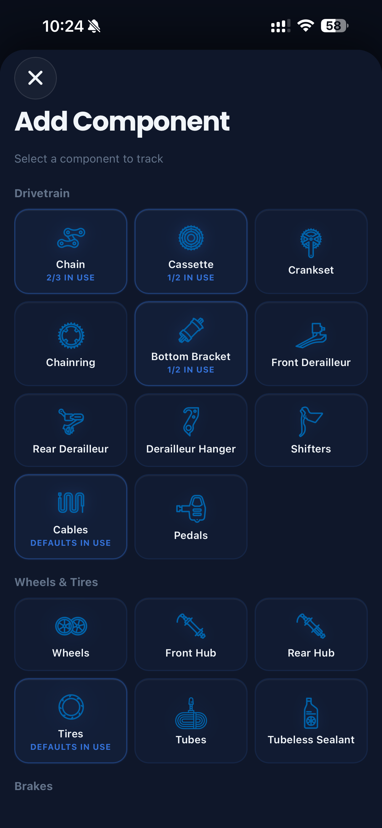Cranq add component screen with drivetrain and wheels component tiles
