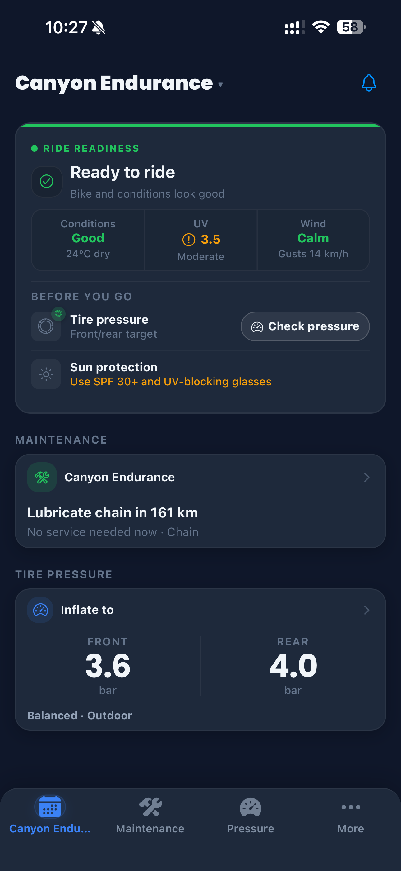 Cranq home screen with ride readiness, maintenance, and tire pressure cards