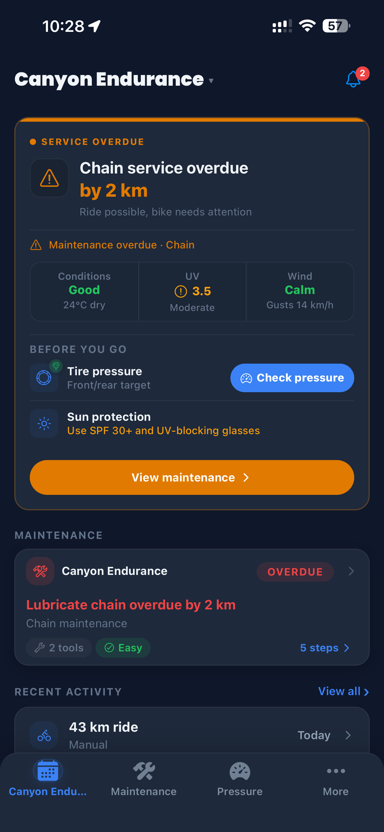 Cranq service overdue state with a chain maintenance warning