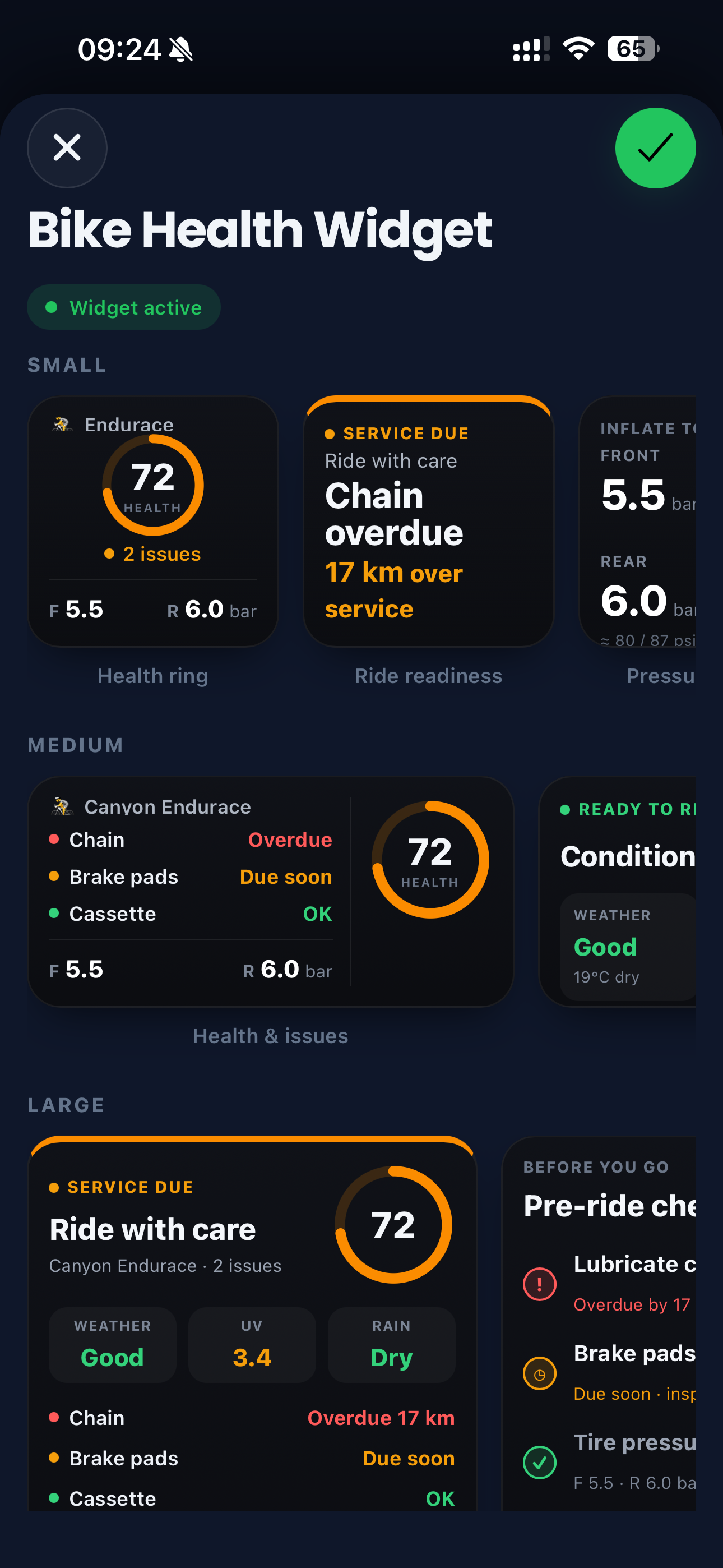 Cranq bike health widget setup screen